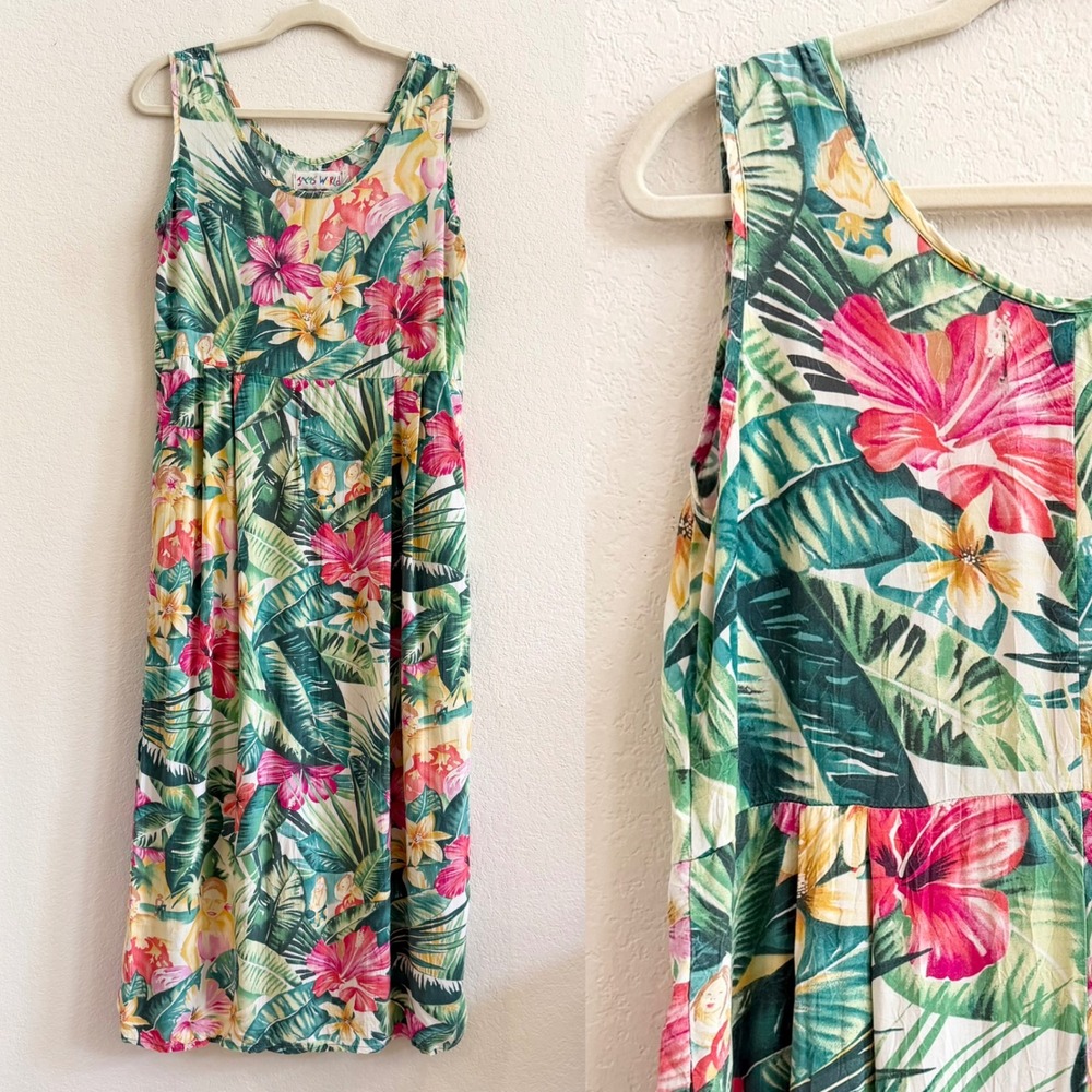 Jams World Vintage Tropical Floral Hula Girl Midi Dress Sz S